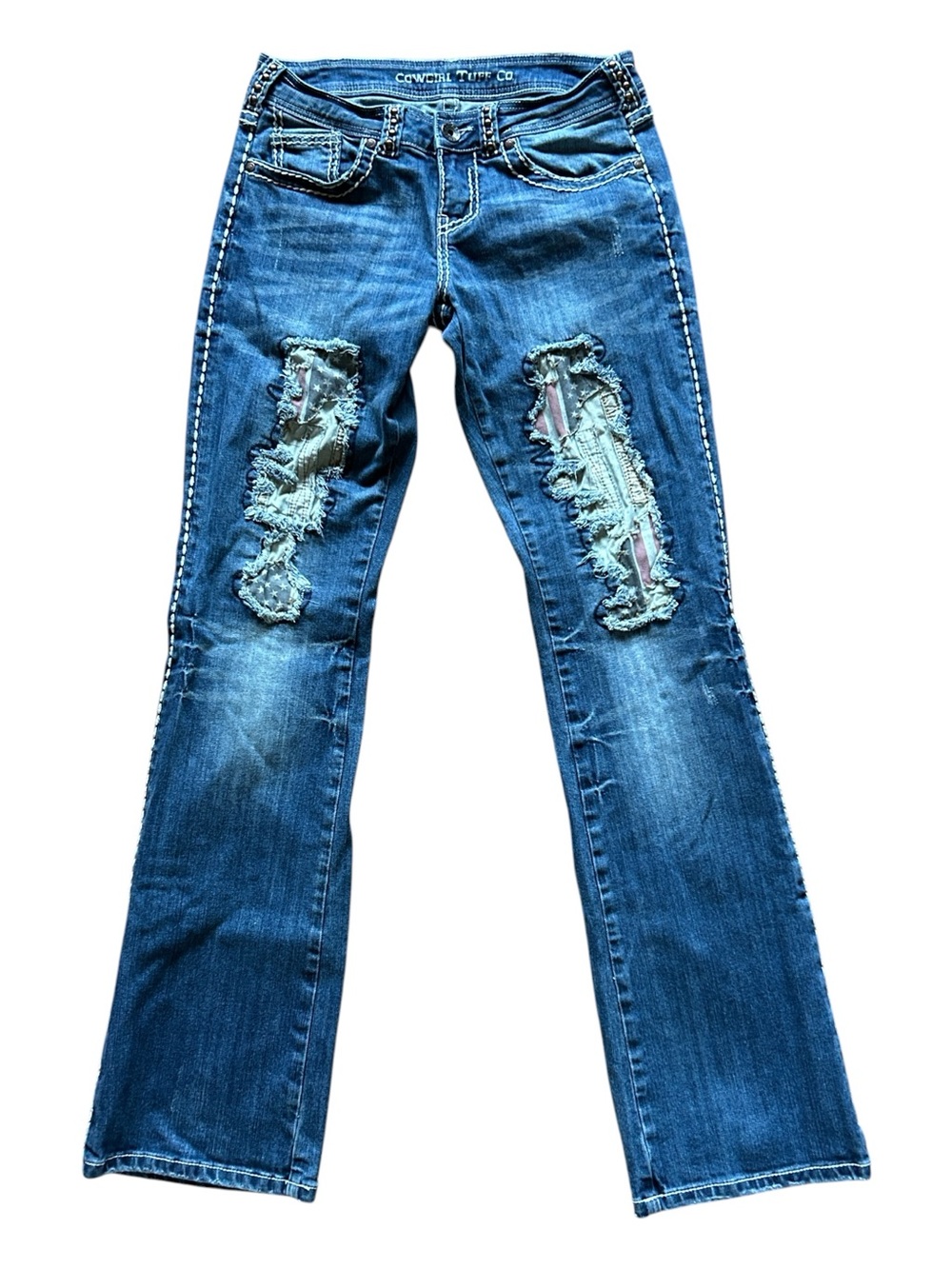 Cowgirl Tuff Blue Distressed Bootcut Jeans with American Flag Patch Detail